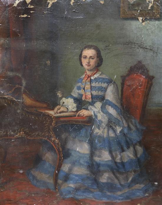 French School, oil on canvas, portrait of a lady seated at a writing desk 50 x 40cm, unframed